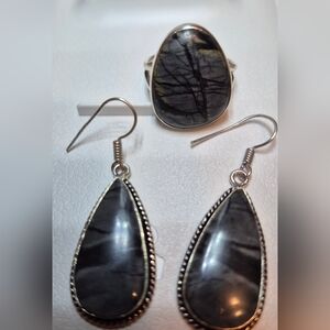 Sterling Silver Piccaso Black Storm Jasper Ring Set.